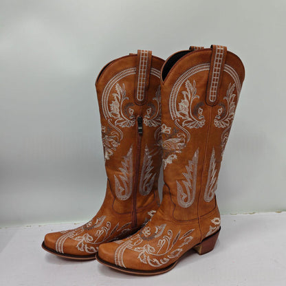 Womens Embroidered Rhinestone Chunky High-Heel Boots