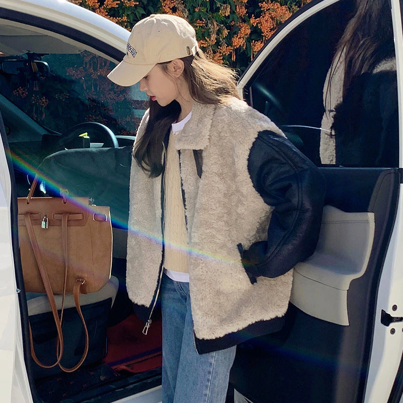 Patchwork Stand Collar Lamb Wool Motorcycle Coat