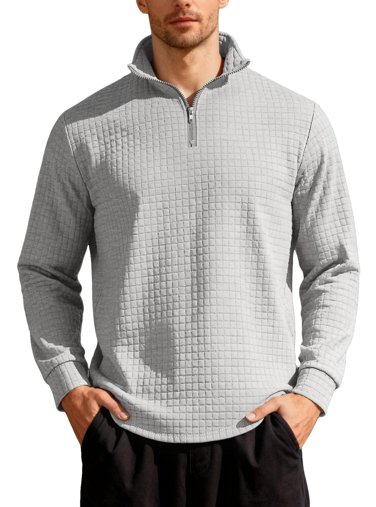 Business-casual Mens Loose-fit Jacquard Crew-neck Half-zip Hoodie With Small Square Patterns