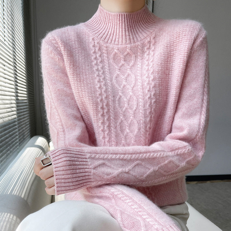 New Fall Winter Women Thick Knit Sweater, Mock Neck Cable Pattern Loose Fit Pullover, Casual Warm Basic Long Sleeve Underwear Top