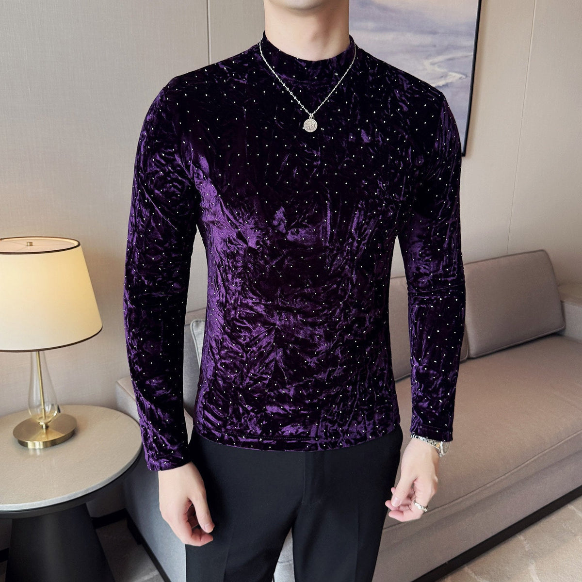 Velvet Starry Pattern Half-High Collar T-Shirt