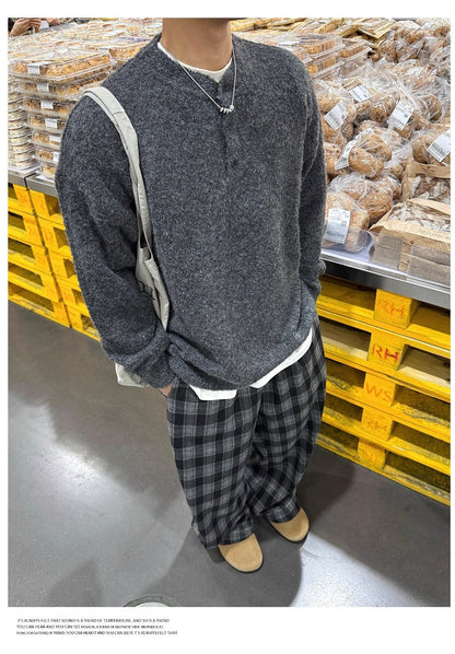 Solid-color Henley-neck Casual Knit Sweater