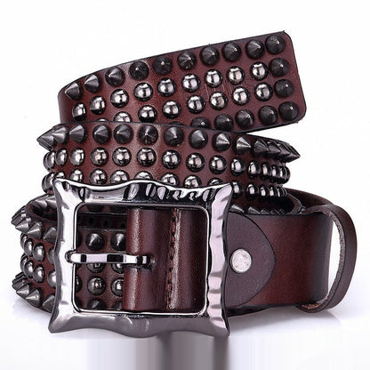 Unisex Day-Clasp Pointed Rivet Belt Made From Full-Grain Cowhide Leather