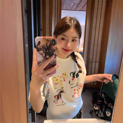 American Retro Cartoon Print Korean Version Loose Versatile Top