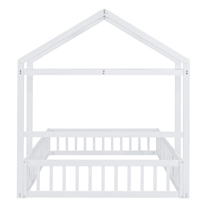 Wooden Full Size Children's Bed with Detachable Headboard and Integrated Clothes Drying Rack, White