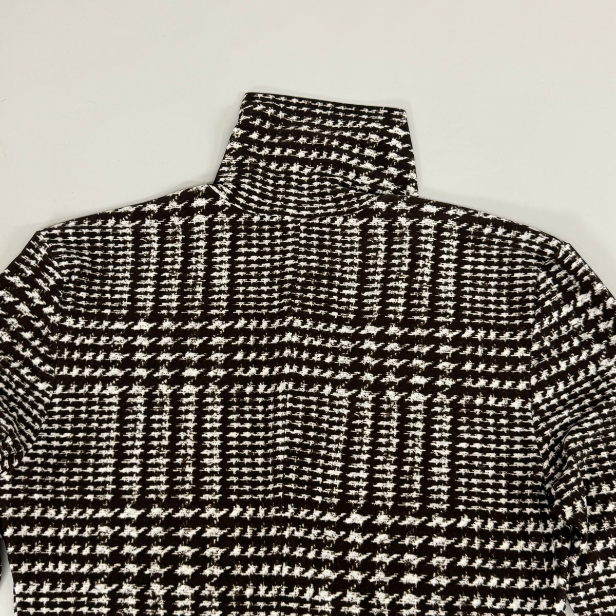 NORMA KAMALI Front Zip Slim Fit Turtle Top Women's Sz XS/34 Chocolate Plaid Tweed