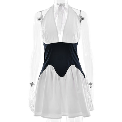 Style Fashion Splicing A-Line Dress with Sexy Deep V-Neck Halter Waist-Cinching Design