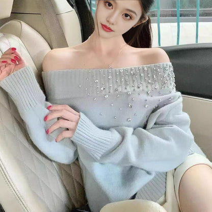 White Off-shoulder Pullover Sweater With Diamond Embellishments