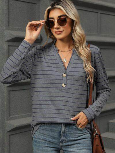 Striped Notched Long Sleeve T-Shirt for Casual Style