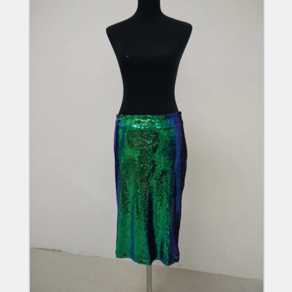 Illusion-Iridescent Laser-Green Sequined Bodycon Midi Skirt