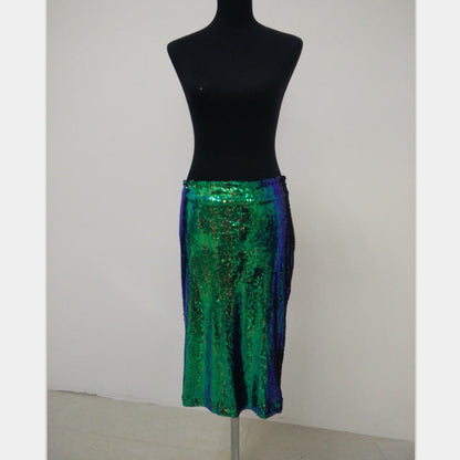 Illusion-Iridescent Laser-Green Sequined Bodycon Midi Skirt