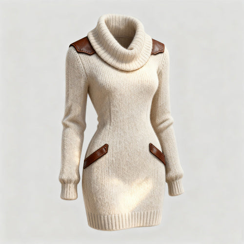 Casual Leather-Panelled Slim-Fit Turtleneck Knit Dress