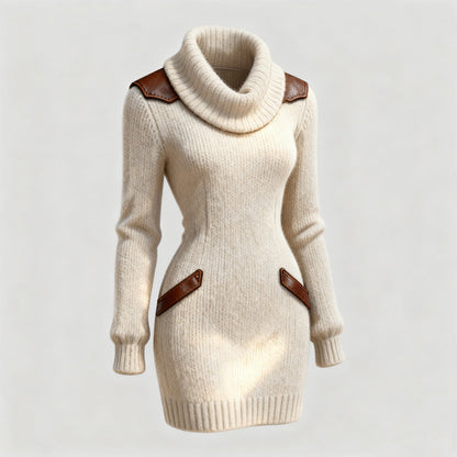 Casual Leather-Panelled Slim-Fit Turtleneck Knit Dress