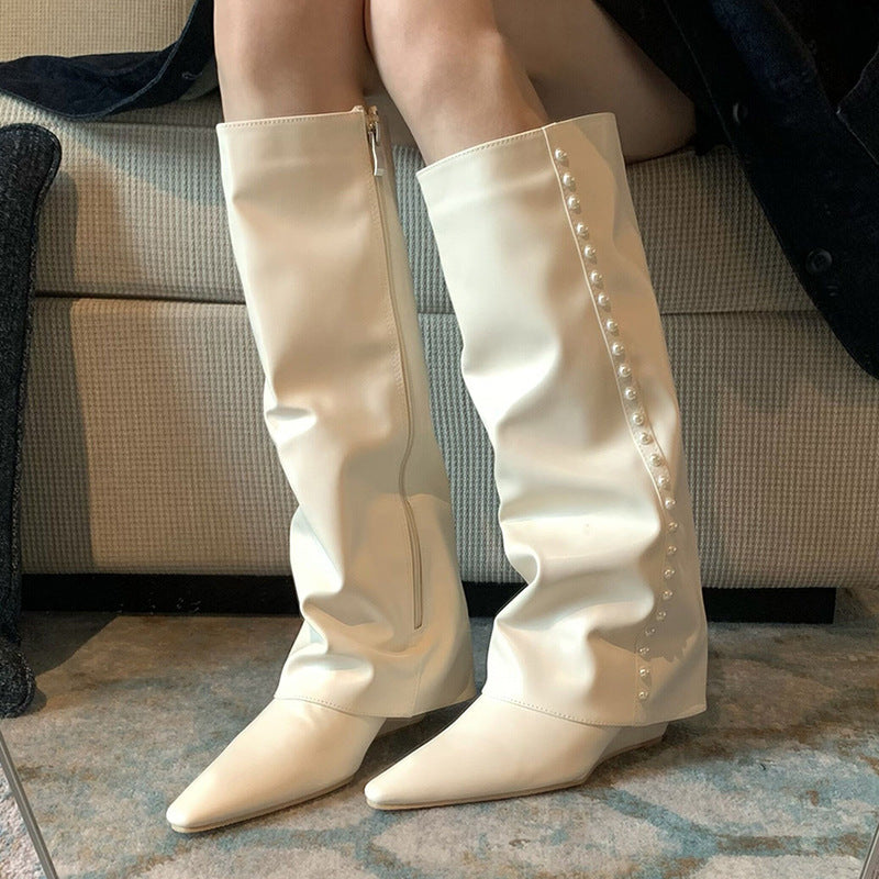 Pointed-toe Wedge High-top Thigh-high Boots