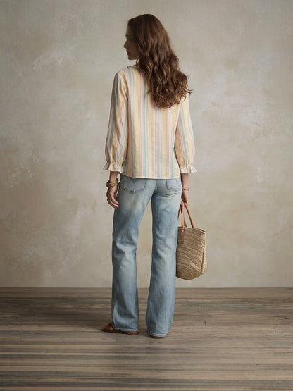 Women's Striped Print V Neck Ruffled Loose Shirt  Vacation Style Long Sleeve Top