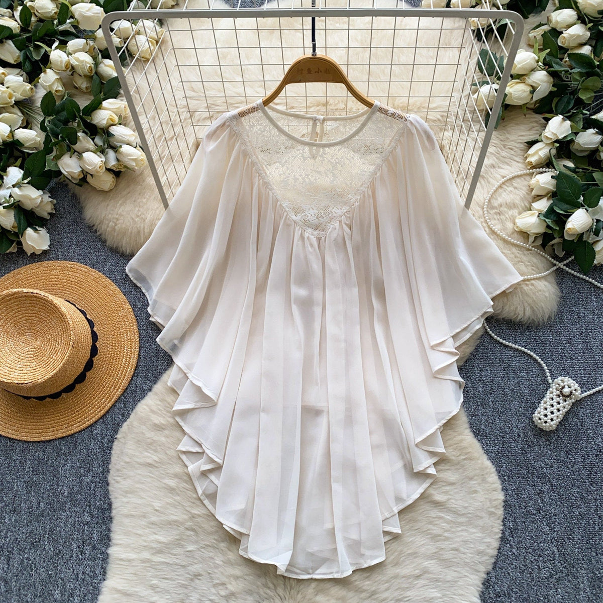 Women's Solid Color French Gentle Lace Chiffon Patchwork Shirt