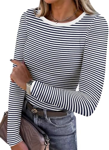 ANRABESS Women Long Sleeve Shirts Ribbed Fitted Tops