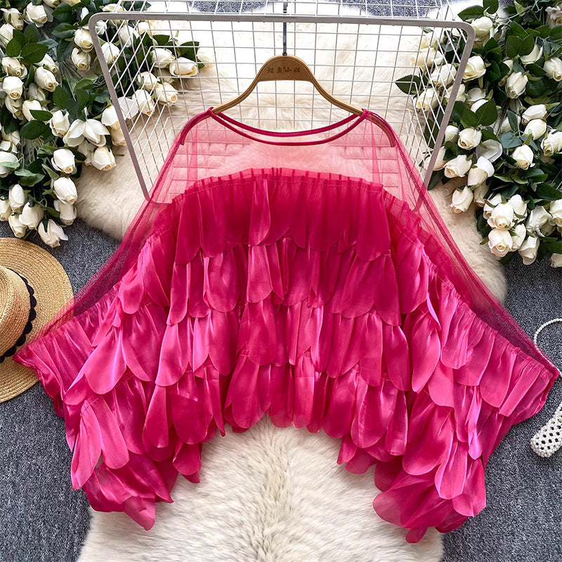 Womens Solid-color Ruffled Mesh-panel Blouse
