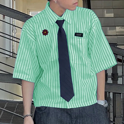 Loose-fitting Cropped Mens Striped Short-sleeve Shirt
