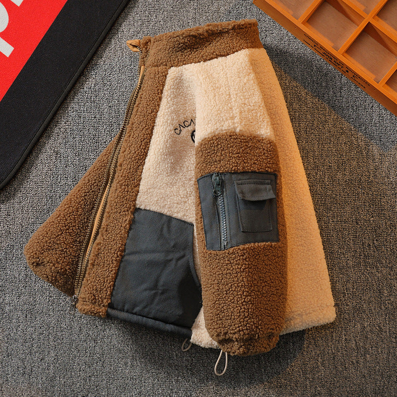 Stitching Contrast Color Fashionable Lamb Wool Warm