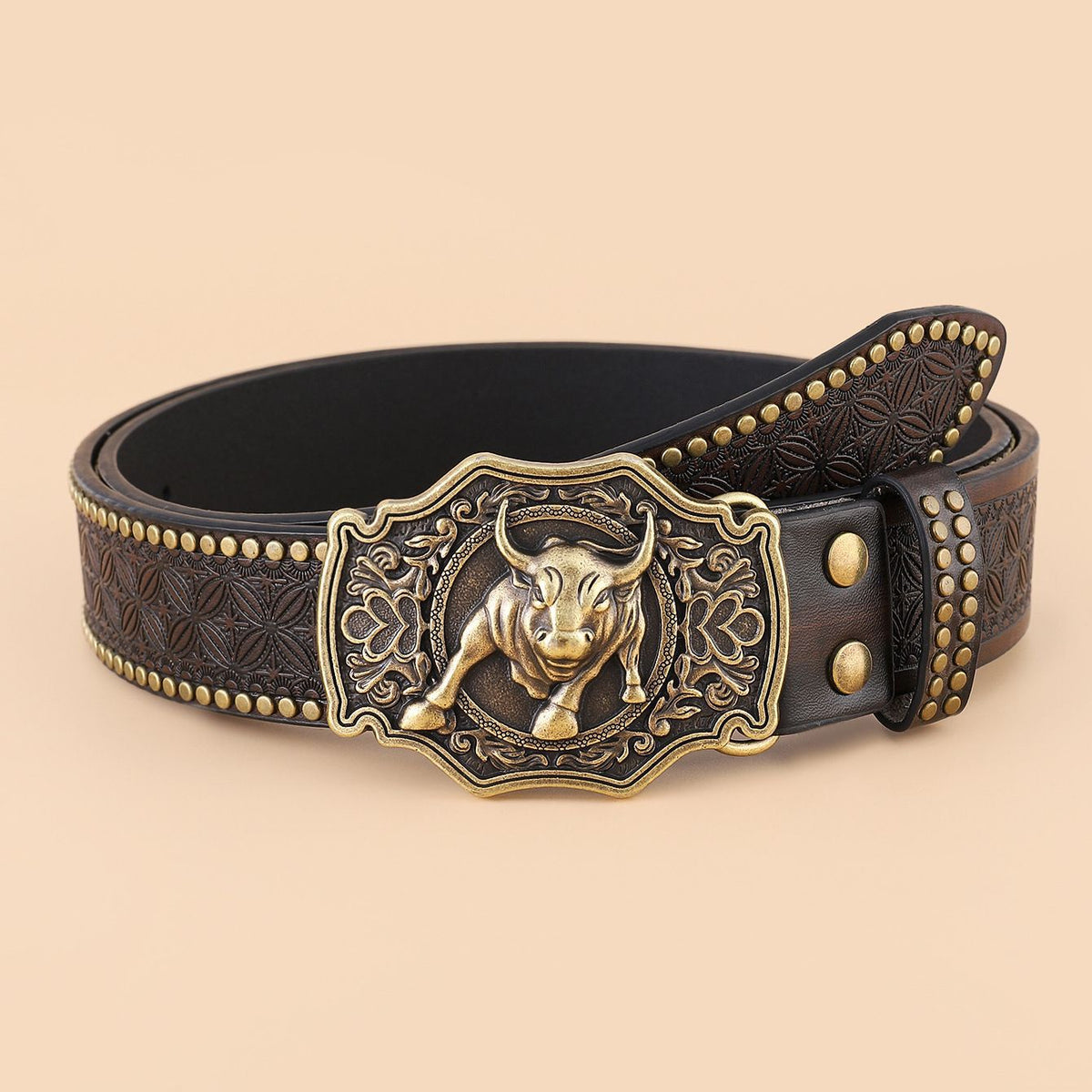 Western Cowboy Belt, Youth Punk Embossed Men's Studded Leather Belt, In-Stock Wholesale Ethnic Style Belt