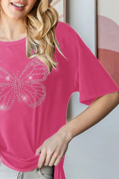 Heimish Full Size Rhinestone Butterfly Round Neck Short Sleeve T-Shirt Plus Size