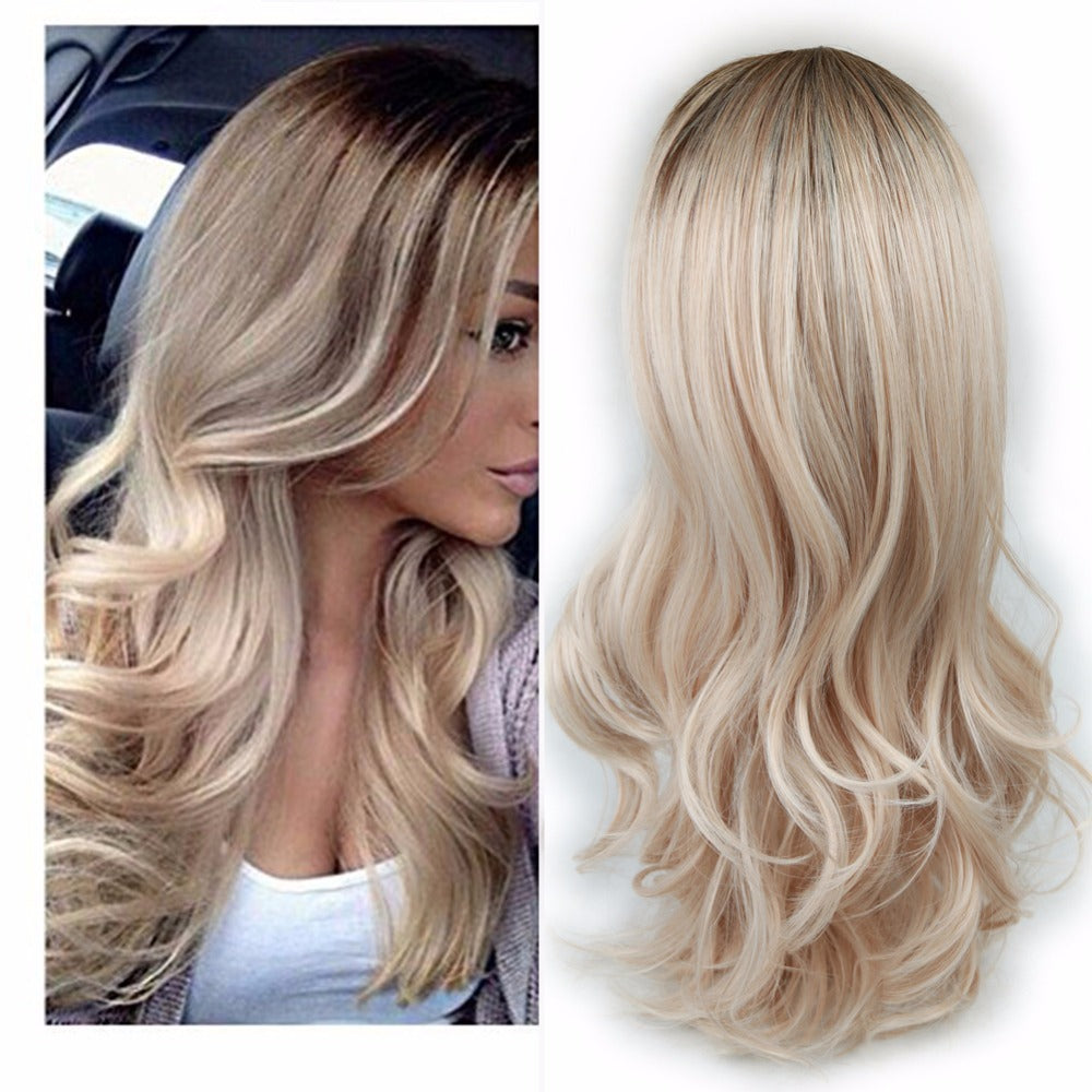 Blonde Ombre Long Curly Wig  Black Root