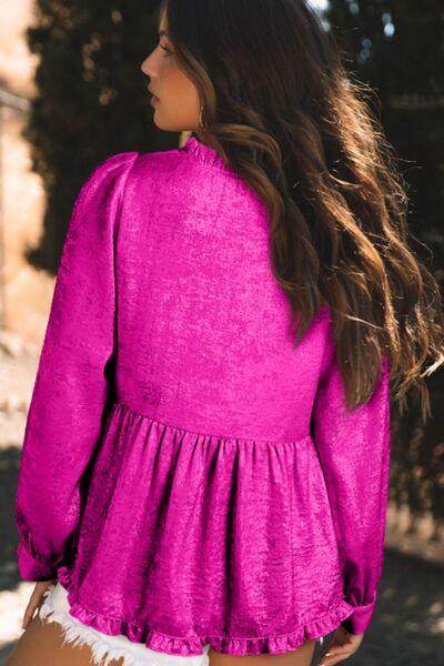 Frill V-Neck Long Sleeve Blouse for Stylish Women