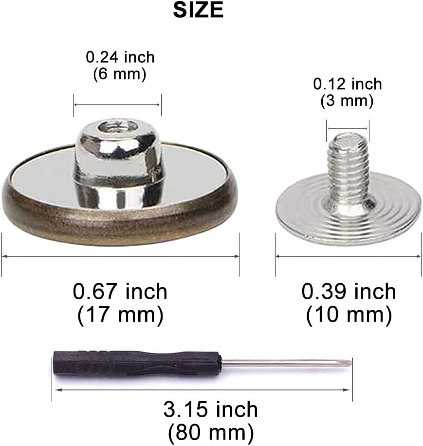 15 Sets of Jeans Buttons, 17mm No-Sew Nailess Removable Metal Jeans Button Replacement Repair Combo Thread Rivets and Screwdrivers