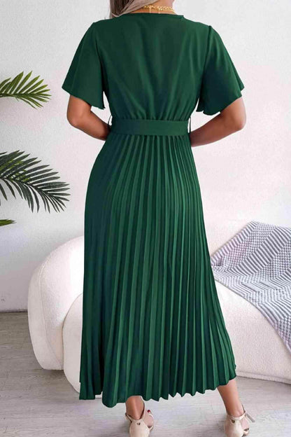 Pleated Flutter Sleeve Belted Dress for Casual Wear