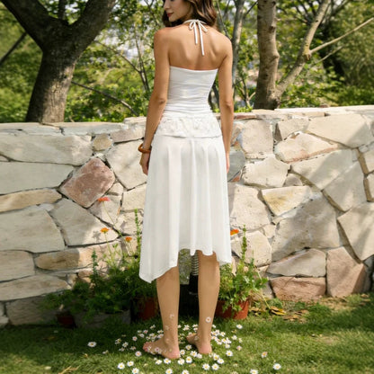 Womens Casual Sleeveless Lace-panel Top And Skirt Set