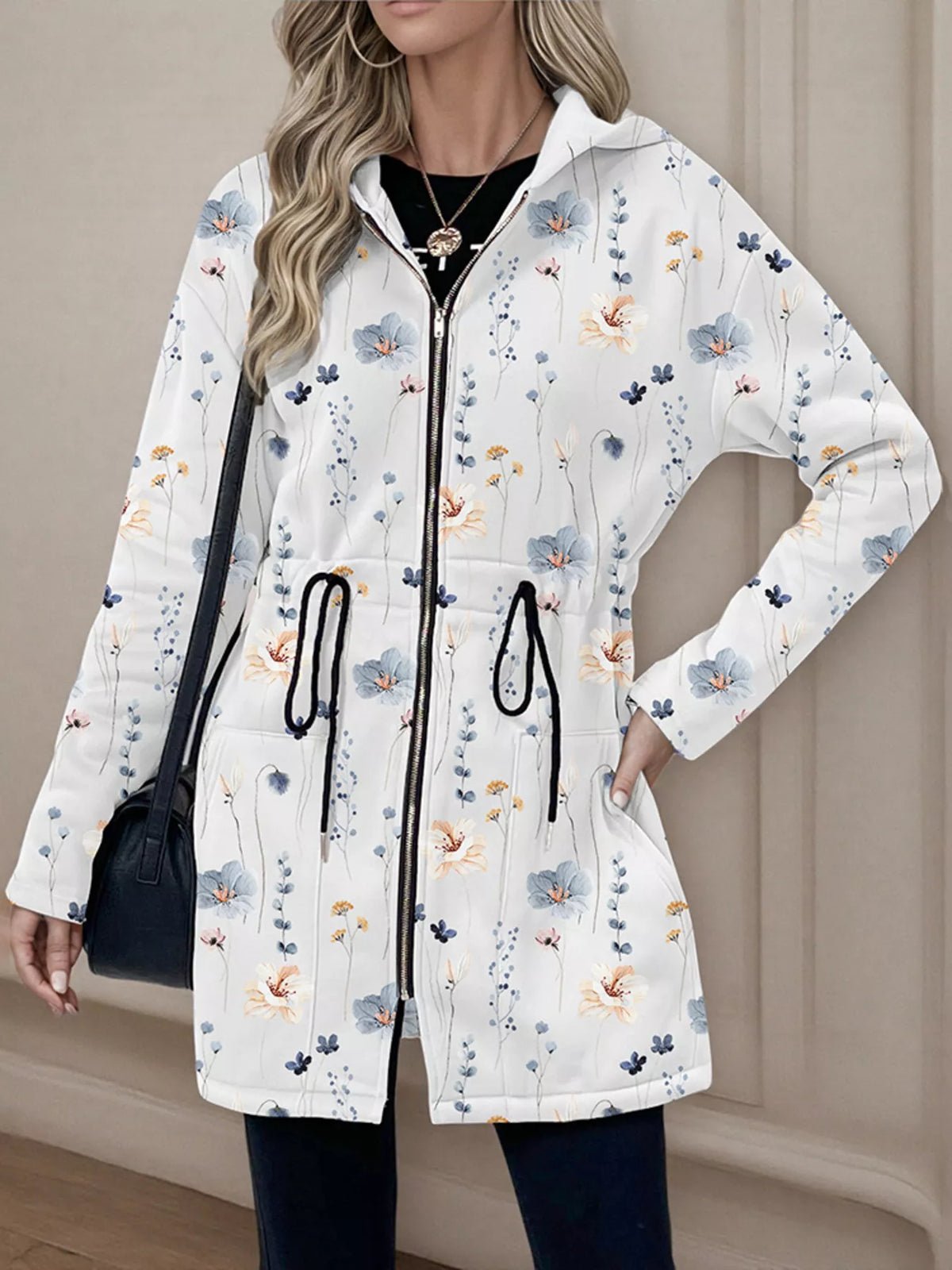 Drawstring Zip Up Hooded Outerwear