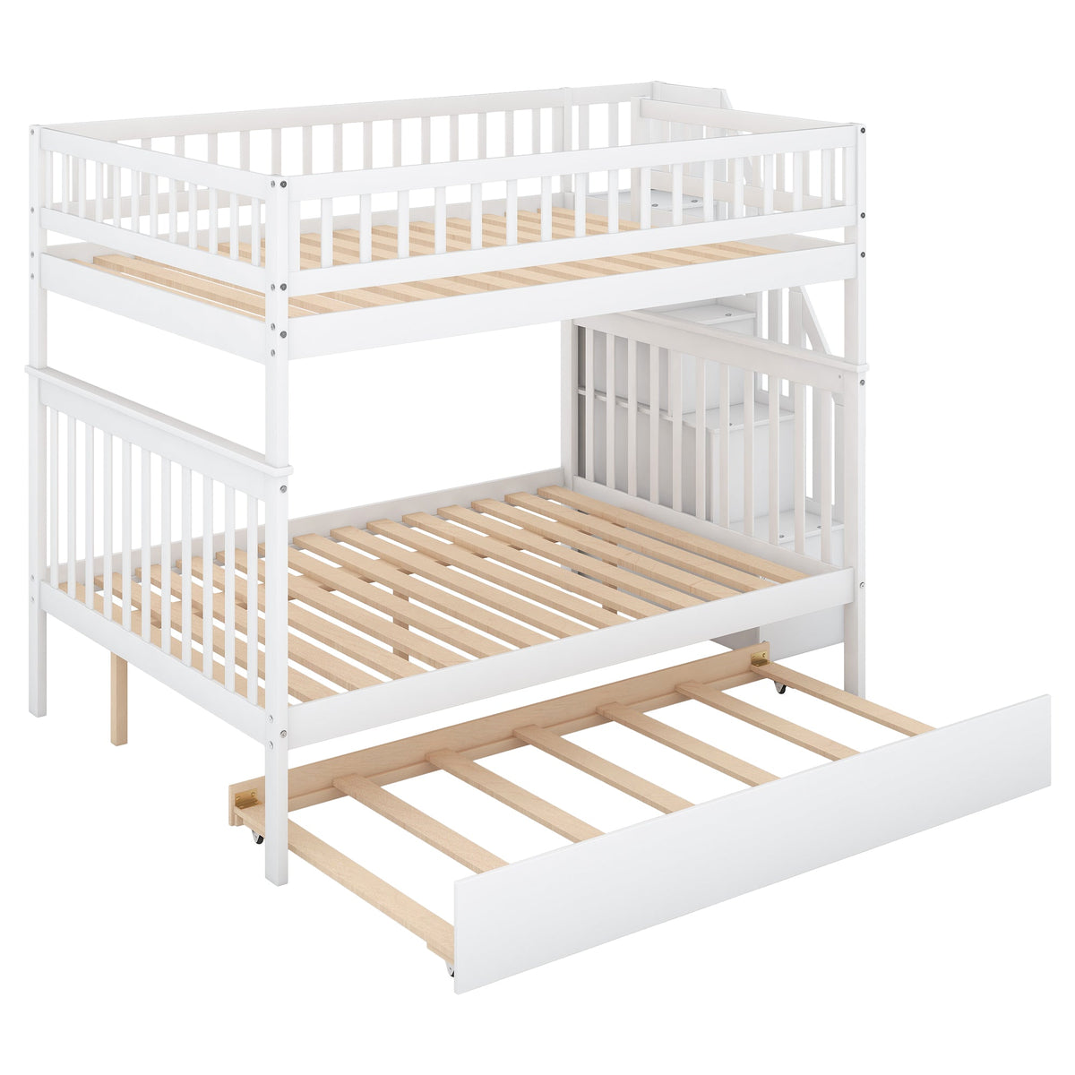 Full over Full Bunk Bed with Trundle and Staircase White