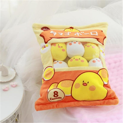 A Large Bag Of Snacks And Pillow Plush Toys
