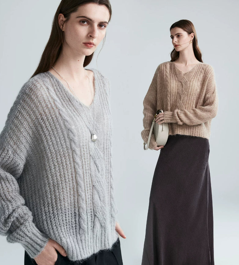 Mohair V-neck Cable Knit Sweater