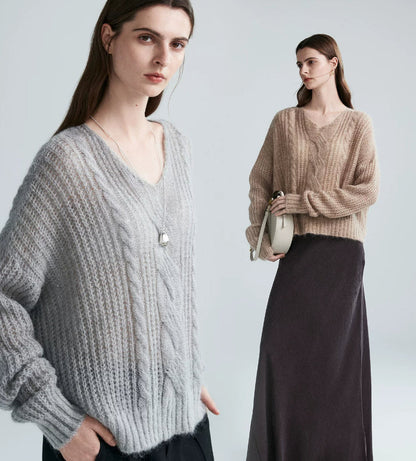 Mohair V-neck Cable Knit Sweater