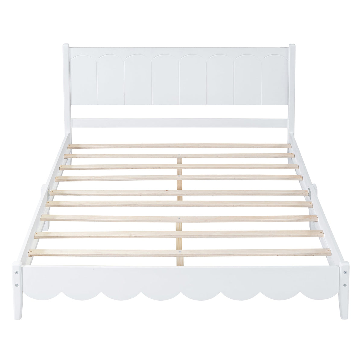 Queen Size Wood Platform Bed Frame, Retro Style Bed with Rectangular Headboard,No Need Box Spring,White