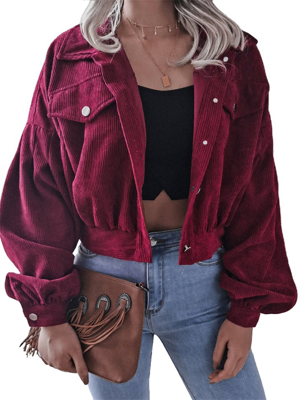 Lantern Sleeve Corduroy Casual Short Jacket