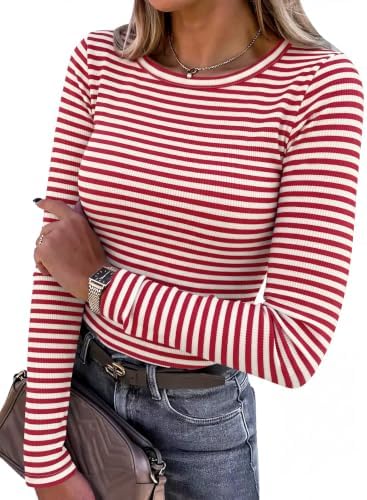 ANRABESS Women Long Sleeve Shirts Ribbed Fitted Tops