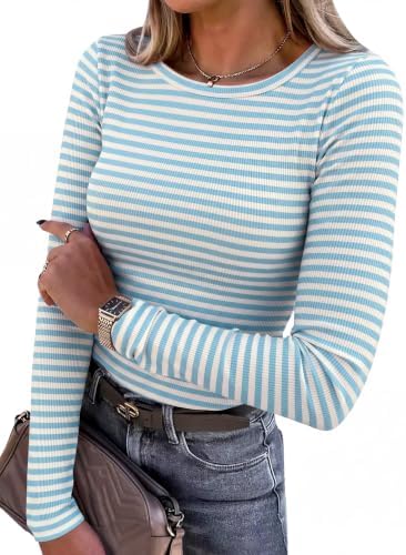 ANRABESS Women Long Sleeve Shirts Ribbed Fitted Tops