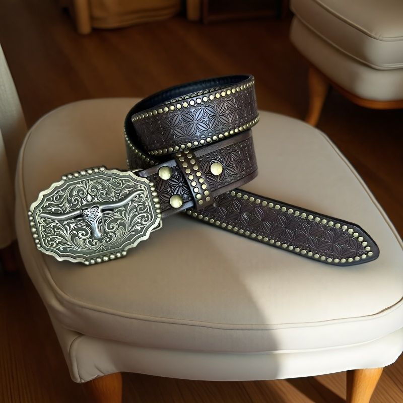 Western Cowboy Belt, Youth Punk Embossed Men's Studded Leather Belt, In-Stock Wholesale Ethnic Style Belt