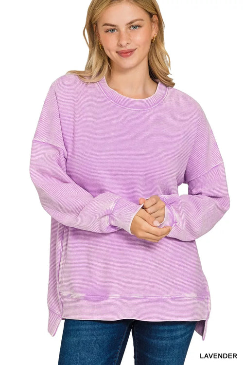Zenana Acid Washed Double Ribbed Hi-low Sweatshirt