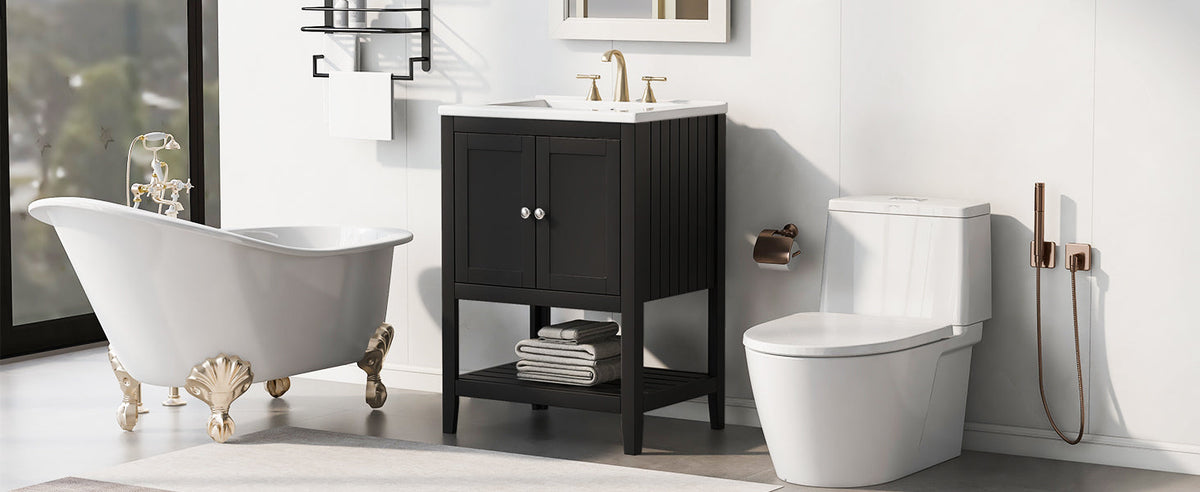 24" Black Modern Sleek Bathroom Vanity Elegant Ceramic Sink with Solid Wood Frame Open Style Shelf