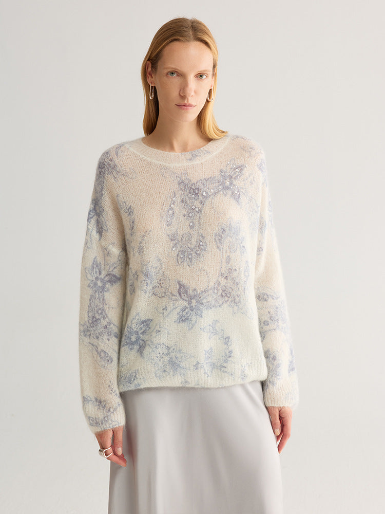 Rhinestone Embellished Floral Mohair-Blend Pullover Sweater