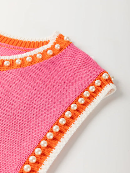 Contrast Trim Pearl Detail Sweater Tank Top