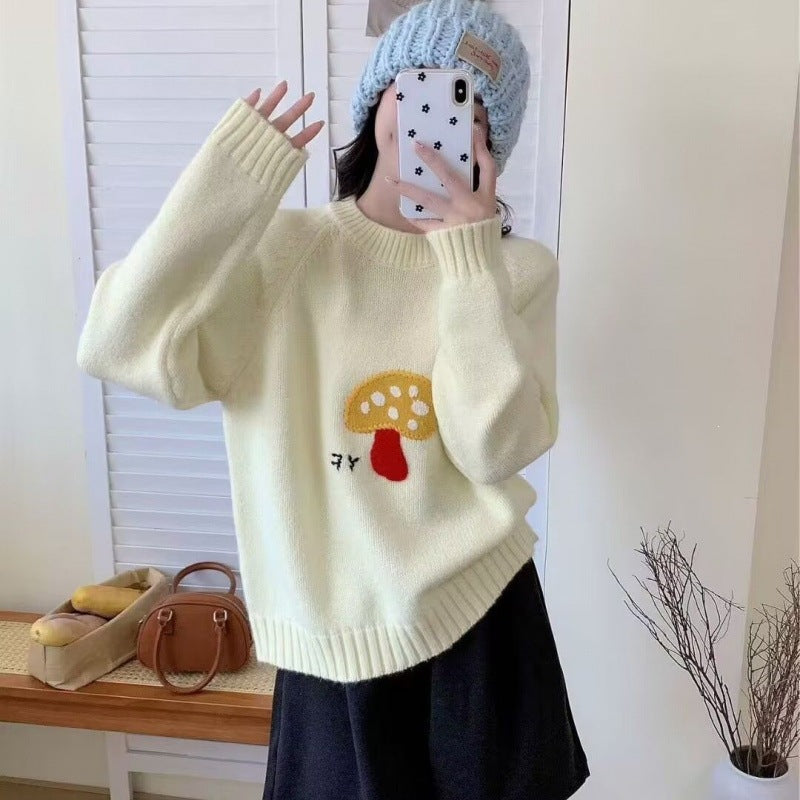 Women's Knitted Mushroom-pattern Crew-neck Pullover Top