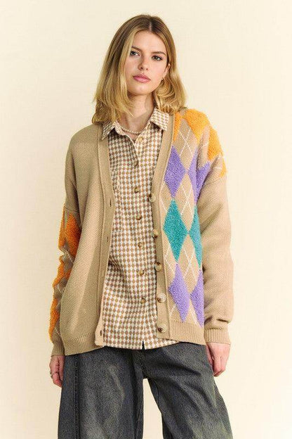 Davi & Dani Argyle V-Neck Dropped Shoulder Cardigan Style