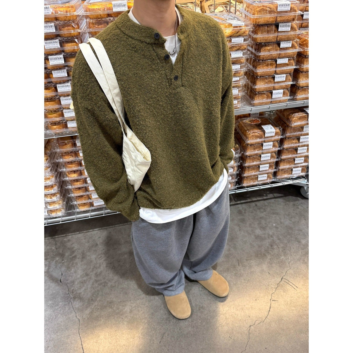 Solid-color Henley-neck Casual Knit Sweater