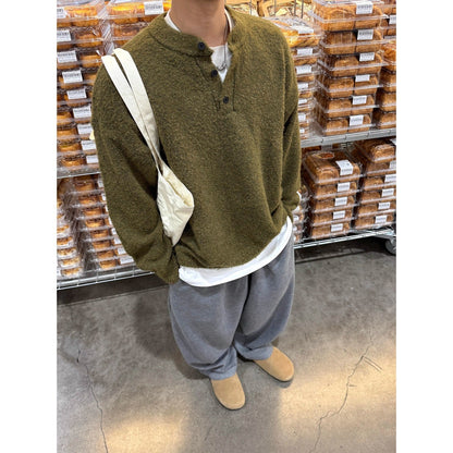 Solid-color Henley-neck Casual Knit Sweater