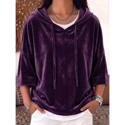Solid-color Drawstring Three-quarter-sleeve Velvet Hoodie